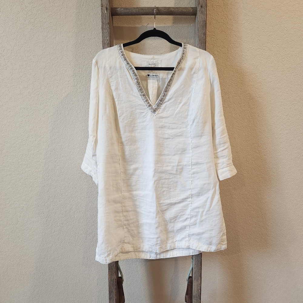 Malvin Women's White Linen Long Shirt- Size Large